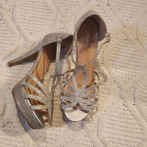 Top Moda Silver Rhinestone/ Glitter Open Toe Platform Heels Size 8